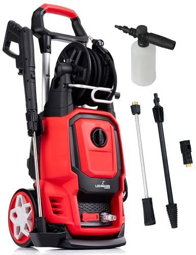 Lehmann R310 Hochdruckreiniger mit Aluminiumpumpe, 2500 W, 420 l/h Wasserdurchfluss, 10 m Schlauch mit Aktiv-Schlauchaufroller, IPX5, inkl. 0,6 l Waschmittelbehälter