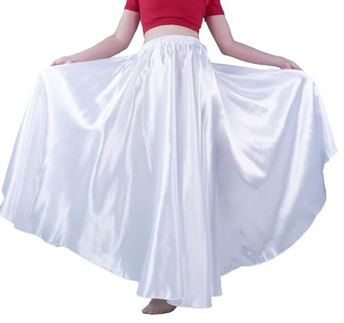 MUNAFIE Gonna lunga da donna in raso, per danza del ventre, per prestazioni e carnevale, bianco, Einheitsgröße