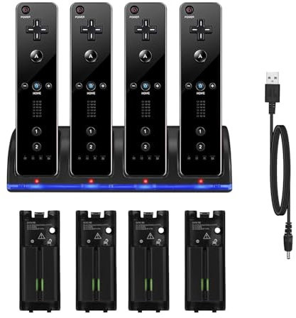 Estación de carga para controlador Wii, con 4 baterías recargables de 2800 mAh e indicadores LED, cargador Wiimote para Wii, soporte de carga para mando a distancia Wii, negro