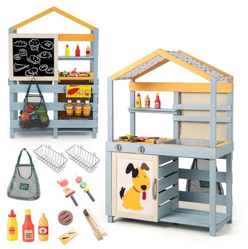 RELAX4LIFE 3 in 1 Cucina Giocattolo per Bambini in Legno, Set di Grill per Barbecue con Griglia, Forno e Lavagna, Gioco Negozio con 12 Accessori, 75 x 34 x 111 cm