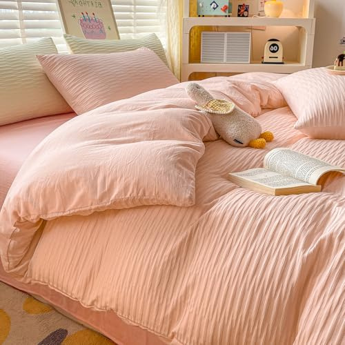 Set di biancheria da letto matrimoniale in seersucker, con federe, per ragazzi e adulti, in morbida microfibra di poliestere, colore rosa, 200 x 200 cm