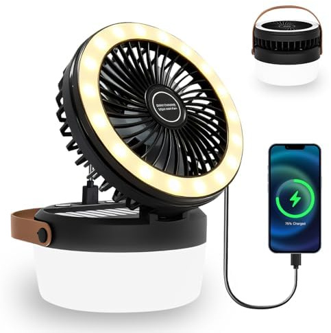 XDTIME 3-in-1 Camping Fan, Portable Solar Fan with Light, Solar Camping Fan Light with Hanging Hook for Tent, 3 Speeds USB Fans for Camping, RV Travel, Outdoor