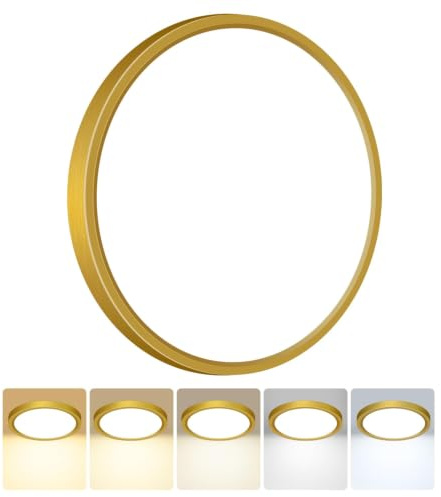 Peasur Bathroom Light Ø30CM, 3000K/3500K/4000K/5000K/6500K 5 Color Temperature LED Ceiling Light, 24W 2800LM,Waterproof, Round, Modern, Flush Ceiling Light for Bathroom, Kitchen, Bedroom(Gold)