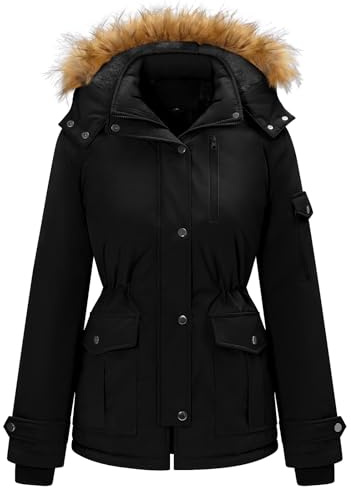 heekpek Abrigo Mujer Invierno Parka Impermeable Cortaviento Abrigo de Invierno Cálido Chaqueta Larga Mujer con Capucha Desmontable y Múltiples Bolsillos, Negro, L
