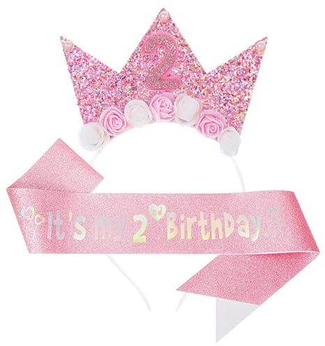 xiluuyou Corona di Compleanno per Bambine, Cintura Compleanno, Corona Glitterata Rosa e Fascia, Set Accessori Festa（2）