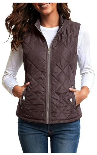 Women's Outwear Quilted Gilet Lightweight Body Warmer Padded Outdoor Vest Sleeveless Jacket Stand Collar Lightweight Zip Quilted Vest for Women (Coffee, L)