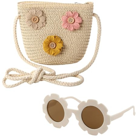 AWAVM - Bolso bandolera para niñas con gafas de sol con flores, bolso trenzado ajustable para niños, Flor 3beige