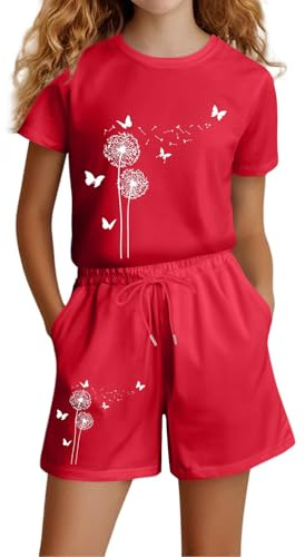 Chándal para niña, ropa deportiva, chándal para niños, niñas, verano, informal, manga corta, juego para camiseta, bolsillo superior, pantalones cortos, rojo, 11-12 años