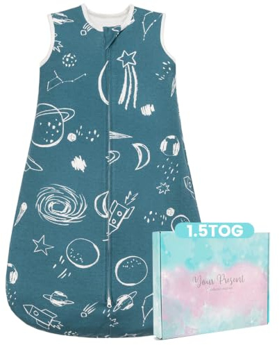 TURMIN Baby Sleeping Bag, 1.5 TOG Sleeping Sack 100% Cotton Baby Sleep Bag Toddler Wearable Blanket with 2-Way Zipper for All Seasons, Blue Planet, M(6-12 Months)