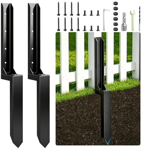 Orifesio Heavy Duty Fence Post Repair Kit, 2 Pack Steel Garden Fence Post Supports, Reinforced Fencing Spikes H-Shaped Design for Repairing Leaning or Broken Wood Posts