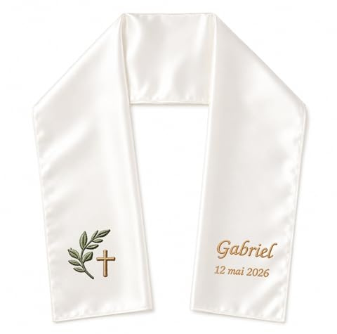 Caixiabeauty Écharpe de Baptême Satinée Personnalisée 15x85cm | Étole Blanche Brodée Prénom & Date | Plusieurs Motifs Religieux | Coffret Cadeau Baptême Bébé Enfant