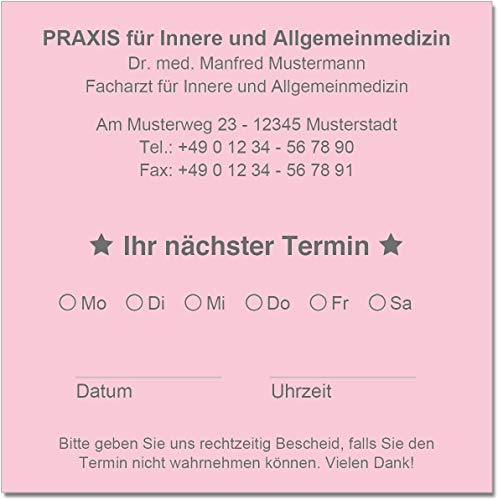 500 Terminzettel Terminkarten nächster Termin mit Ihrer Adresse personalisiert in praktischer Zettelbox mit Stiftehalter 10 x 10 cm (hellrosa)