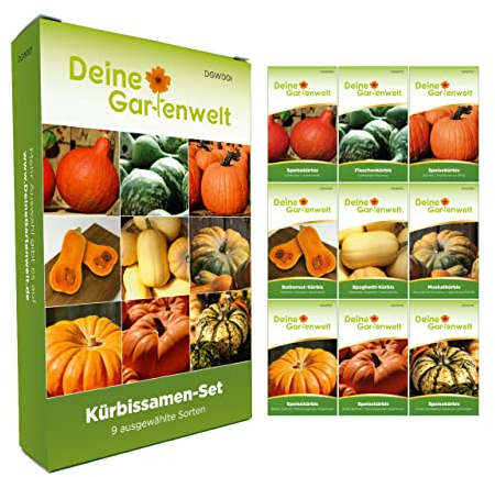 Kürbissamen Set - 9 Sorten Samen - Saatgut Sortiment - Anzuchtset für Kürbisse - Geschenkset - Hokkaido-Kürbis, Flaschenkürbis, Butternutkürbis, Spaghettikürbis, Muskatkürbis und mehr