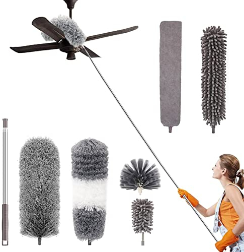 LAP0N0 7PCS Feather Duster kit Extendable,100 inch Telescopic Extension Pole Detachable Bendable and Washable Microfiber Chenille Duster Reusable Gap Crevice Brush for Cleaning Dust Cobwebs On