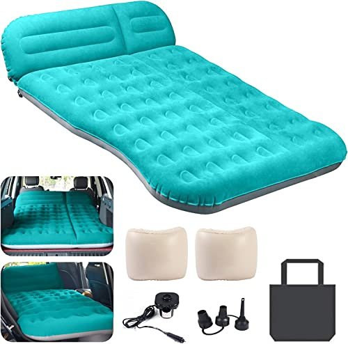 AKUDY SUV Air Mattress,Thickened Flocked Camping Bed for Car,Includes Electric Pump & 2 Foot Pedals,Portable Inflatable car Mattress (Blue)