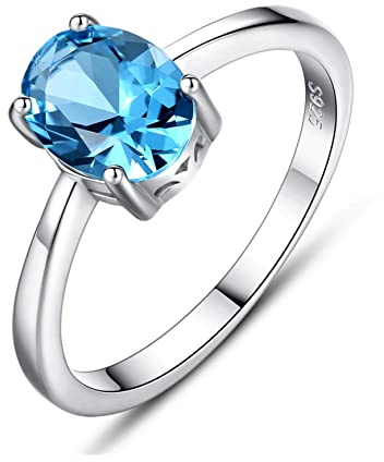 Bellitia Jewelry Anillo Mujer Plata de Ley 925 con Natural Topacio Azul Cielo, Anillos con Piedra Preciosa de Nacimiento de Forma Oval, Conjunto Joyas Mujer