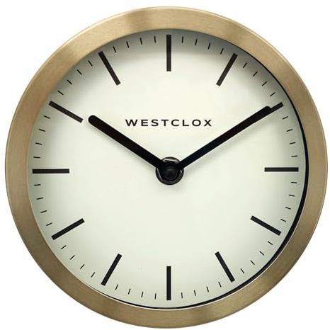 Westclox Contemporary Table & Wall Clock for Home or Office – 6-Inch Round Analog Clock with Brushed Gold Metal Frame, Folding Stand & Wall Mount (Gold, 6-Inch)