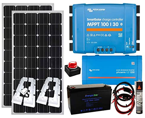 LOWENERGIE 300w Solar Panel Kit MPPT Charging Controller Lithium Battery Inverter with Mounting Brackets, 100Ah Lithium Battery, Victron 1200w Inverter, Isolation Switch, Cables & Sikaflex Adhesive