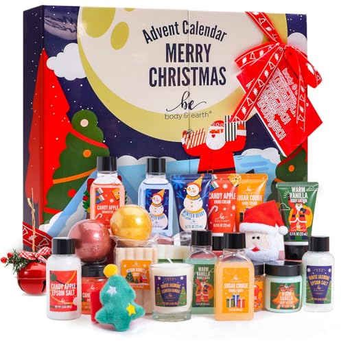 Body & Earth Calendrier de l'Avent, Coffret cadeau de Noël, 24 PCS Coffret de Bain, Comprend Décoration de Noël, Lotion pour le Corps, Gel Douche, Bombe de Bain, Lotion pour les Mains，cadeau noel