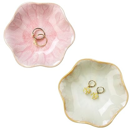 2PCS Lotus Leaf Shape Ring Holder Dish, Small Key Bowl, Ceramic Trinket Tray Jewelry Dish Organizing Necklace Earrings for Mom Friend Sister, All Jewelries Are NOT Included.Pink+Light Green.…