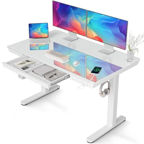 Claiks Glass Standing Desk with Drawers, 120×60 cm Adjustable Stand Up Desk, Quick Install Home Office Computer Desk with USB Ports, White