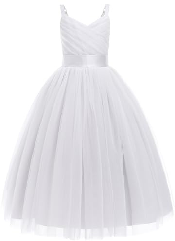 IBTOM CASTLE Flower Girls Tutu Dress Spaghetti Straps Party Dress Wedding Pageant Bridesmaid V-Nevk Dress Girl Pirncess Prom Birthday Dance First Communion Ball Gown Straps-White 12-13 Years