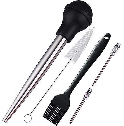 zoyizi Turkey Baster, Baster Syringe for Cooking, Stainless Steel Baster with Marinade Injector Neddles &BBQ Brush & Cleaning Brush, Silicone Bulb, Stainless Steel Turkey Baster Set 5, Color Black