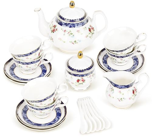fanquare 21 Piezas Juego de Té de Tarde Británico con Rosas Azules, Conjunto de Teteras de Porcelana Modernas, Tazas de Café Vintage con Platillos, Servicio de Té para Adultos para 6
