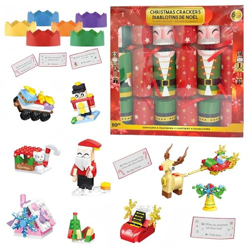 Aisszhao 6 Pack Christmas Party Crackers,Christmas Crackers with Santa's Friends Building Block Xmas Cracker,Luxury Xmas Family Cracker with Novelty Gifts Party Hats