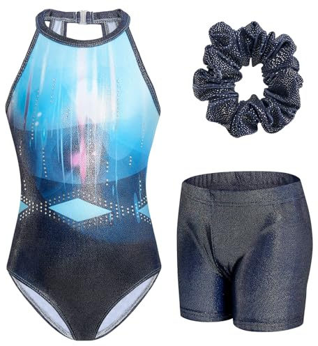 JiAmy Justaucorps de gymnastique pour filles avec short, vêtements de sport athlétiques à boucle dans le dos, justaucorps étincelants pour enfants de 3 à 12 ans, dblue, 9-10 jaar