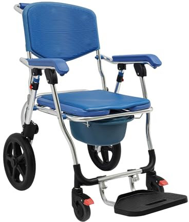 Silla de ducha plegable con ruedas para inodoro multifunción con reposabrazos y frenos para mayores y discapacitados