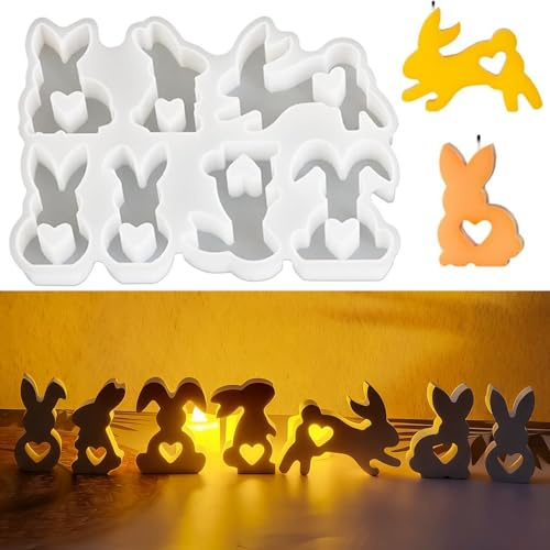 HVIHWI 7 stampi in silicone per colata con coniglietto pasquale, forma di coniglietto pasquale con forma di cuore, stampi in silicone per animali fai da te