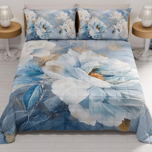 PETTI Artigiani Italiani - Copriletto Matrimoniale Estivo 260x270cm 100 g/m² Double Face, Trapuntino Matrimoniale Primaverile, Trapunta Leggera, Floreale 13, 100% Made in Italy