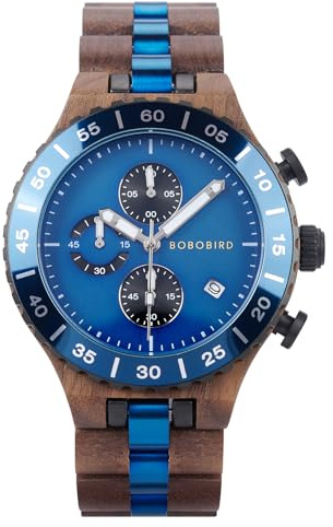 BOBO BIRD Men's Wooden Watch Chronograph Quartz Watch with Date Display, 43mm Large Dial, Luminous Hands, Natural Wood & Stainless Steel Wristwatch â Gift for Him (Blue -Walnut)
