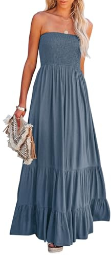 R.Vivimos Estate Donna Senza Spalline Bandeau Shirred Boho Maxi Vestito Abito Lungo da Spiaggia(XL,HazeBlue#2)
