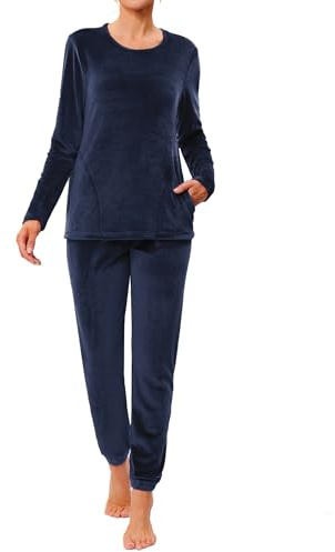 Wayleb Pigiama Donna Caldo Invernale Set Due Pezzi in Velluto Felpato con Girocollo e Tasche Pantaloni con Coulisse, Blu Navy -B, M