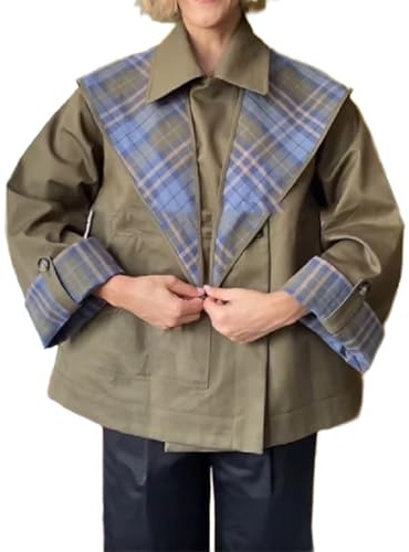 Gabardinas cortas para mujer, cuello de muesca de otoño, chaqueta de gran tamaño reversible a cuadros, con bolsillos