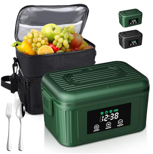 Aurevit Lunch Box Elettrico Senza Fili 1,4L per Adulti, Portavivande Riscaldato con Orario Pasto Programmabile e Mantenimento Automatico del Caldo, con Borsa Termica a Doppio Strato – Verde