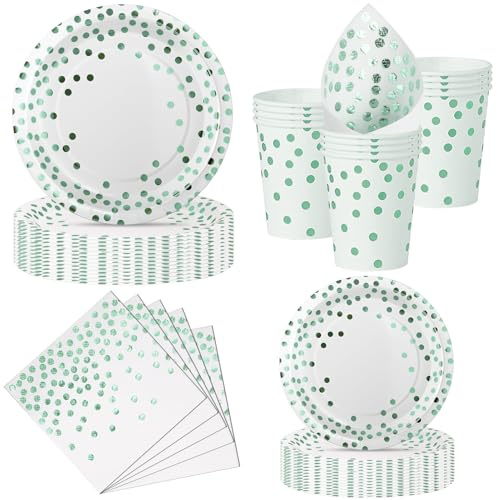 Nkaiso 50 Pezzi Stoviglie per Feste Bianco e Verde, 10 x 23cm & 10 x 18cm Piatti Carta Usa e Getta, 10 Tazze, 20 Tovaglioli - per Compleanno Festività Feste Decorazioni -10 Ospiti