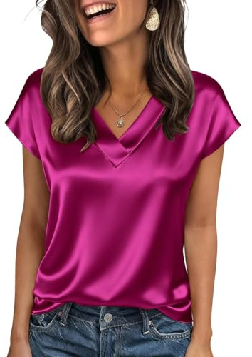 Onsoyours Camicia da Donna Elegante in Raso di Seta Camicetta a Maniche Corte con Scollo a V Blusa Basic Tinta Unita Tops A Fucsia M