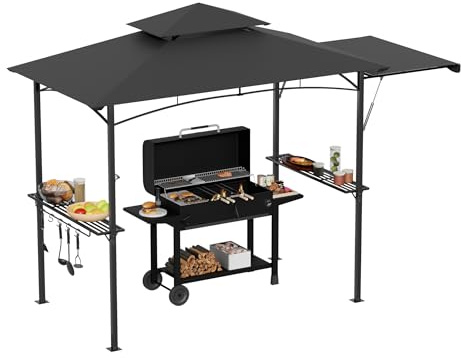 Aufun Grillpaviljong 245 x 141 x 253 cm, BBQ paviljong med dubbla tak, sidohylla, väderbeständig takpresenning, grilltält med 2 hyllor, grillskydd för trädgårdsfester, utomhusgrill (grå)