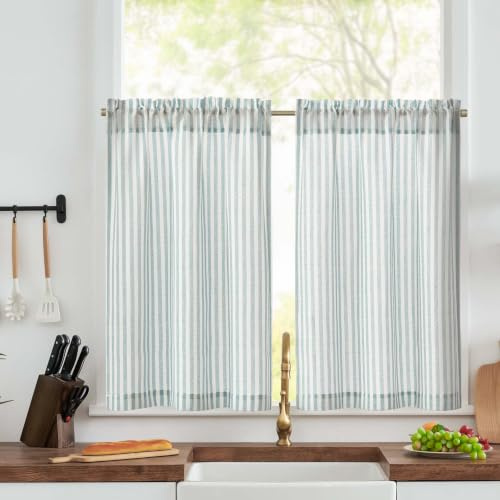 TOPICK Light Blue Striped Kitchen Curtains, Cafe Curtain, W26xL36, 2 PCS | Rod Pocket Light Filtering Short Curtain 2 Panels for Bathroom, Cupboard Base, Sink, Basement, Half Window, W26 x L36 Inch