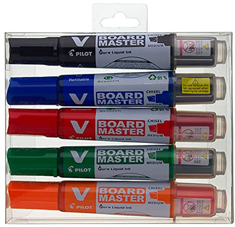 PILOT V-Board Master, Whiteboard Marker mit Keilspitze, 5er Set (Schwarz, Rot, Blau, Grün, Orange)