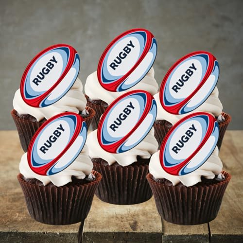 PRECUT Rugby Ball Cupcake Toppers, Rugby Theme #1 Edible Wafer card Cupcake Toppers (Pack of 24)
