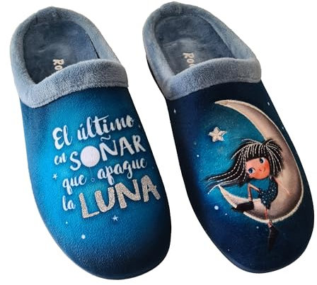 Rodevil Zapatillas casa mujer suaves azules dibujo Luna Frase bonita (38)