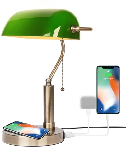 FIRVRE Lámpara de escritorio de banquero de vidrio Lámpara de mesa retro clásica tradicional con cargador inalámbrico y puerto USB Interruptor de cadena de tracción de latón de metal antiguo (Verde)