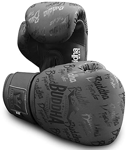 Buddha Fight Wear. Guantes de Boxeo. Especialmente diseñados para Boxeo, Muay Thai, Kick Boxing y MMA Modelo Top Premium Negro Mate 10 Onzas