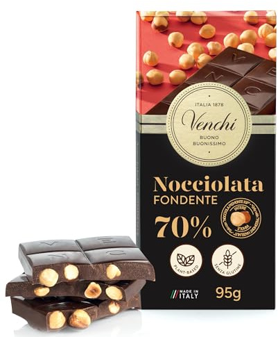 Venchi - 70% Dark Chocolate with Hazelnuts Bar, 95g, with Whole Piedmont Hazelnut, Gluten-Free, No Colourants or Preservatives