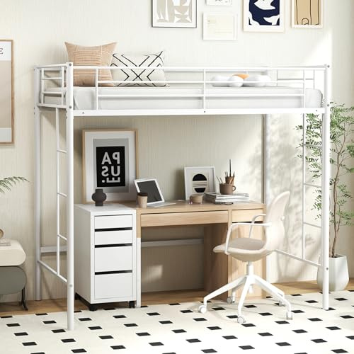 COSTWAY Metal Bunk Bed, 2 Ladders Loft Bed Frame with Safety Guardrail, Home Bedroom Furniture Space-Saving Single High Sleeper for Kids, Teens and Adults (196 x 98 x 184cm, White)