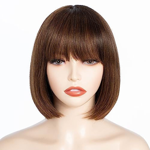 FASHION IDOL Bob parrucca di capelli veri con frangia per donne nere capelli corti lisci 20 cm nero naturale senza colla parrucche bob corte prodotte a macchina